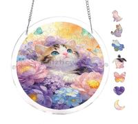 Charming Kitten Surrounded by Blossoms 7.8x7.8Inch Acrylic Hanging Puzzle Suncatcher, Crystal Window Decor Wall Art Ornament, Home Decoration Gift