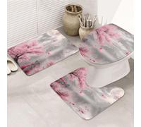 Charming Pink Cherry Trees With Lake Views Bathroom Rugs Sets 3 Piece, Soft Absorbent Memory Foam Bath Mats And U Shaped Contour Toilet Rug, Home Decoration, Quick Dry