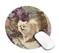 Charming Pomeranian Dog Mouse Pad, Warm Tan and Violet Florals Design, Perfect for Spring Decor, Cute Animal Theme Mousepad for Office or Home Use, Non-Slip Rubber Surface Round 8x8 Inch