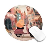 Charming Pomeranian on Scooter Mouse Pad, Soft Peach Colors, Cute Animal Design for Spring Decor, Stitched Edge Non-Slip Mousepad for Home Office Work Round 8x8 Inch