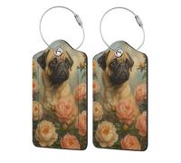 Charming Pug and Peonies Luggage Tags with Stainless Loop Privacy Cover ID Funny Cute Unique Pattern 2 PCS