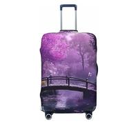 Charming Purple Khaki Flowers Forest and Rural Bridges Elastic Travel Luggage Cover Suitcase Protector, Print Suitcase Baggage Cover Anti-Scratch
