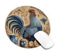 Charming Rooster Decor Mouse Pad, Blue Country Style Game Mat, Non-Slip Rubber Desk Pad for Kitchen and Office Decoration Round 8x8 Inch