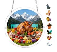 Charming Round Acrylic Puzzle Unique Shape 7.8x7.8inch Wall Art Home Decor Hanging Puzzle Ornament Grilled Turkey Vegetable Feast Mountain Lake Landscape Relaxing Brain Challenge