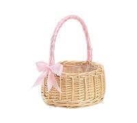 Charming Rustic Flower Girl Basket with Silk Bow Handles, Small Handcrafted Wicker Rattan, Perfect for Weddings and Home Decor (Pink)