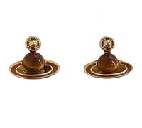 Charming Saturn Stud Earrings Planet Pendant Gold Tone with Brown Crystal Orb Hanging for Women Space Enthusiasts Statement Jewellery Gifts, Alloy Steel, No Gemstone