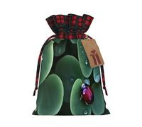 Charming Sitting Green Three Leaf Insect Print Christmas Drawstring Gift Bags With Tags | Xmas Gift Wrapping Bag | Decorative Candy Goody Present Bag Holiday Decor