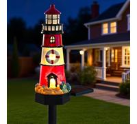 Charming Solar Lighthouse Light, 17"H Resin Garden Ornament with Warm LED Glow, Automatic Dusk-to-Dawn Operation, Weather-Resistant Outdoor Dr for Courtyard or Patio(red)
