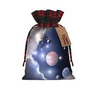 Charming Space Planet Print Christmas Drawstring Gift Bags With Tags | Xmas Gift Wrapping Bag | Decorative Candy Goody Present Bag Holiday Decor