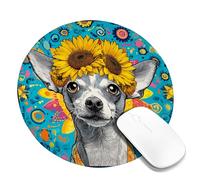 Charming Sunflower Dog Art Mouse Pad, Colorful Chihuahua Design Stitched Edge Mousepad, Rubber Non-Slip Washable Decorative Mouse Pad for Home and Office, Seasonal Gift Round 8x8 Inch