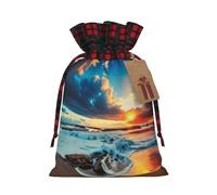 Charming Sunset Beach Print Christmas Drawstring Gift Bags With Tags | Xmas Gift Wrapping Bag | Decorative Candy Goody Present Bag Holiday Decor