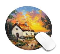 Charming Sunset Cottage Mouse Pad, Vibrant Orange Sky Painting, Stitched Edge Mousepad, Rubber Non-Slip Decorative Mouse Pad for Home and Office Use Round 8x8 Inch