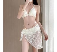 Charming Three Piece Bikini Set with Chain for Women Enjoy Summer Days at the Beach (L Apricot)