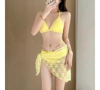 Charming Three Piece Bikini Set with Chain for Women Enjoy Summer Days at the Beach (L Yellow)