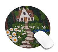 Charming Village Garden Mouse Pad, Vibrant Green and White Floral Design, Cozy Home Style Desk Accessory, Non-Slip Waterproof Mousepad for Office and Study Round 8x8 Inch