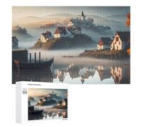 Charming Village Reflections in Misty Waters: New Year Party Activity, 1000 PCS Adult Tabletop Puzzle - for Quiet Evenings And Focused Play