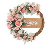 Charming Welcome Sign Wreath with Eucalyptus and Roses An Elegant Home Accessory (pink)
