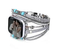 CHARMINGO Boho Leather Bracelet Compatible with Apple Watch Bands for Women Men 38mm 40mm 41mm 42mm 44mm 45mm 49mm Multilayer Strap for Apple Watch Series 9 8 7 6, Silver 02, 38mm/40mm/41mm/42mm