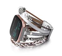 CHARMINGO Posh Leather Band Compatible with Fitbit Versa 3 & 4/Fitbit Sense/Sense 2 Women Bands, Handmade Multilayer Replacement Strap for Fitbit Smart Watch, 3 cm, Metal, No Gemstone