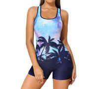 CharmLeaks Women Boyleg One Piece Swimsuit Tummy Control Competition Swimsuit Training Swimwear Leaf Print/Blue M