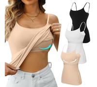 CharmLeaks Women Cotton Camisole with Shelf Bra 3 Pack Cami Tank Top Adjustable Straps Black/White/Apricot Peach S