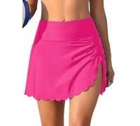 CharmLeaks Women Swim Skirt Scalloped Swimsuits Side Slit Pull Tie Bikini Bottom Hot Pink 2XL
