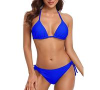 CharmLeaks Women Two Piece Halter Padded Top Tie Side Bottom Triangle Bikini Bathing Suit Royal Blue L