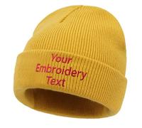 CHARMMYFASHION Personalised Beanie Cap Hat for Men Women,Leather Patch Embroidery Text Logo,Skull Cap Custom Beanie Hat,Design Your Own Warm Knitted Hat,Unisex,Gifts Turmeric