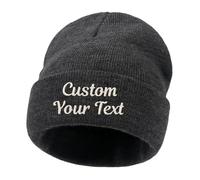 CHARMMYFASHION Personalised Beanie Cap Hat for Men Women,Leather Patch Embroidery Text Logo,Skull Cap Custom Beanie Hat,Design Your Own Warm Knitted Hat,Unisex,Gifts Dark Grey