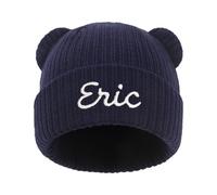 CHARMMYFASHION Personalizsed Baby Beanie Hats,Custom Toddler Baby Beanie Caps Leather Patch Name,100% Wool Acrylic,Infant Winter Warm Knitted Newborn Embroidered Hat,Personalized Baby Gifts(Navy)