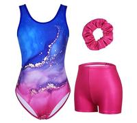 Charmo Girls 3 Piece Leotards for Gymnastic Sleeveless Unitards with Shorts Gradient Blue/Purple 6-7 Years