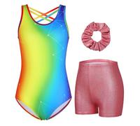 Charmo Gymnastics Leotards for Girls 3 Piece Gymnastics Set with Shorts Colorful/Rainbow 6-7 Years