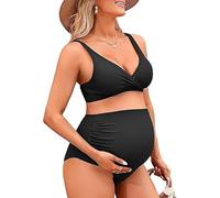 Charmo High Waisted Maternity Swimsuit Bikini Set V Neck Pregnancy Bathing Suits Push Up Two Piece Swimwear Black XL