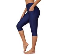 Charmo Ladies Swimming Leggings with Side Pockets High Waisted Swim Capris Quick Dry Swimwear Navy M