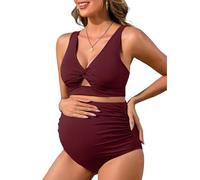 Charmo Maternity Bikini Swimsuit Ribbed Bathing Suit V Neck Pregnancy Swimwear with Adjustable Straps Wine Red L