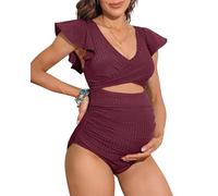 Charmo Maternity Swimsuit One Piece Cut Out Ruffle Ruched Maternity Bathing Suits Front Cross Pregnancy Swimwear Burgundy S