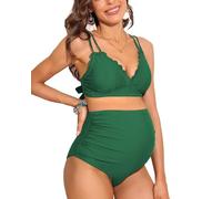 Charmo Pregnancy Bikini Set Side Ruching Maternity Swimsuit with Padded Bra Adjustable Back Bow Swimwear Green M