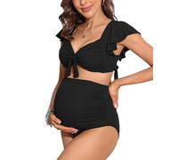 Charmo Ruffle Maternity Bikini Set with Padded Bra Ribbed V Neck 2 Piece Pregnancy Swimsuit Black L