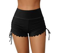 Charmo Women Board Shorts Adjustable Drawstring Side Swim Shorts Scalloped Bikini Bottom Black S