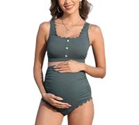 Charmo Women Maternity Ribbed 2 Piece Swimsuit Button Crop Top Bikini Set Pregnancy Swimming Costume Green S