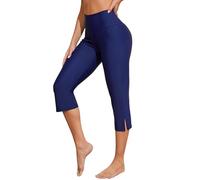 Charmo Womens Swim Capris Side Pockets Swim Leggings Slit Elasticated Waistband Swim Pants Navy L