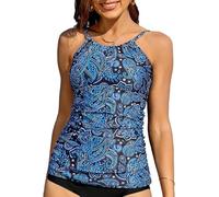 Charmo Women's Tankinis Top High Neck Swimsuit Top Ruched Slim Fit Bathing Suit Top UPF50+ Blue Paisley XL