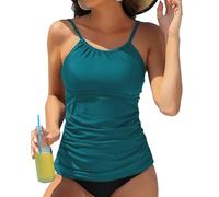 Charmo Women's Tankinis Top High Neck Swimsuit Top Ruched Slim Fit Bathing Suit Top UPF50+ Green M