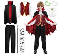 Charmofun Child Vampire Costume, Children's Dracula Dress, Halloween Boy Vampire Dress with Cape, Stick with Skull, Glow in the Dark Denture and Stickers, Cosplay (130)