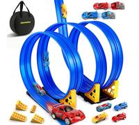 Charmofun Children's Car Circuit 5 m, 1:64 Track Car with 6 Cars, Storage Bag, Car Circuit with Ramp and Launcher, Portable Double Lane Race Track for Children Aged 3+ Years (Blue)