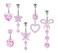 CHARMONLINE 14G Belly Button Ring Pink CZ Navel Belly Piercing Jewelry Heart Butterfly Bow Flower Navel Belly Rings 316L Stainless Steel Dainty Dangly Dangling Belly Button Piercing for Women