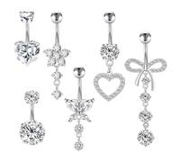 CHARMONLINE 14G Belly Button Ring Pink CZ Navel Belly Piercing Jewelry Heart Butterfly Bow Flower Navel Belly Rings 316L Stainless Steel Dainty Dangly Dangling Belly Button Piercing for Women