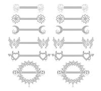 CHARMONLINE 14G Nipple Rings for Women 316L Stainless Steel Heart,Butterfly,Moon,Devil,Flower Nipple Barbell CZ Nipple Rings Set Nipplerings Piercing Jewelry, 0, Stainless Steel, cubic zirconia