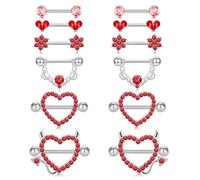 CHARMONLINE 14G Nipple Rings for Women 316L Stainless Steel Heart,Devil,Flower Nipple Barbell CZ Nipple Rings Set Nipplerings Piercing, 14G, Stainless Steel, cubic zirconia