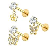 CHARMONLINE 16G Internally Threaded Flatback Nose Stud 316L Stainless Steel Pendant Butterfly,Moon, Flower studs for Labret, Helix, Tragus, Conch, Lobe CZ Nose Stud Lip Studs Earring Piercing Jewelry